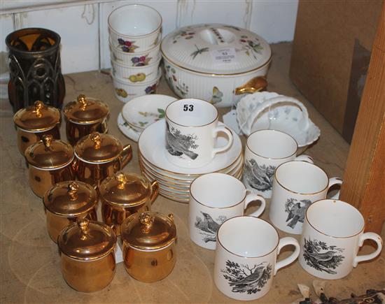 Crown Staffordshire Thomas Bewick 6-pce coffee set, set 8 Royal Worcester gilt chocolate cups, Evesham souffle set etc